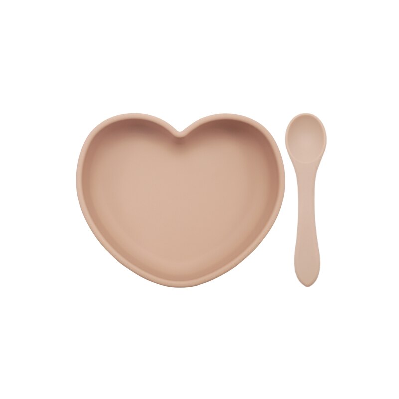 Plato de cena en forma de corazón con succión, juego de alimentación para bebé, cuchara de silicona pura, fácil de limpiar, sin BPA, para Baby Shower, novedad de 2022: 001-apricot