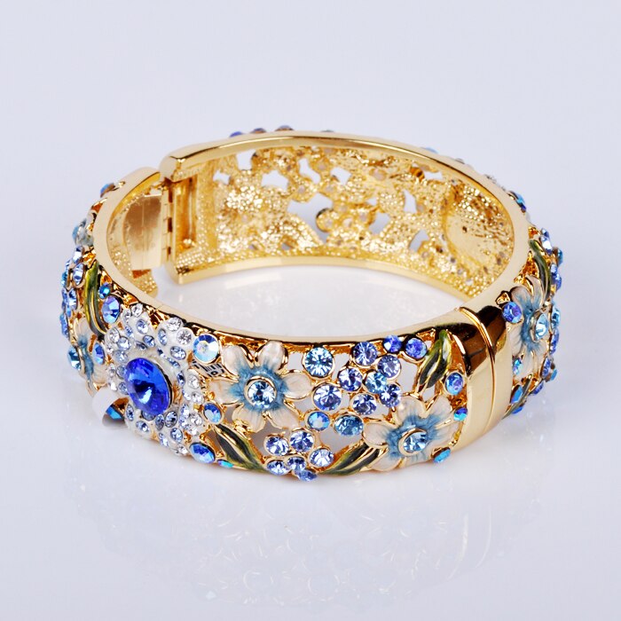 Cloisonné Bracelet - 18KGP Women's Jewelry - Double-Sided Crystal Flower - Full Circle Trendy Bangle