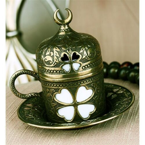 Autentisk tyrkisk kaffe espressokop underkop porcelæn kobberbetræk ældre blomst