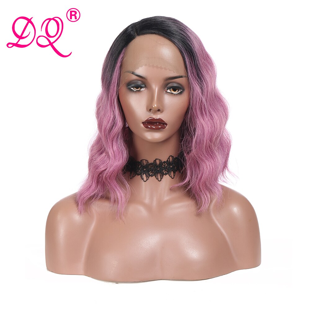 Dq Natuurlijke Golf Synthetische Lace Front Pruik Synthetische Pruik Voor Vrouwen Korte Bob Pruik Cosplay Pruiken Ombre Blonde Groen Paars bruin Pruik: T1B 1608  Purple