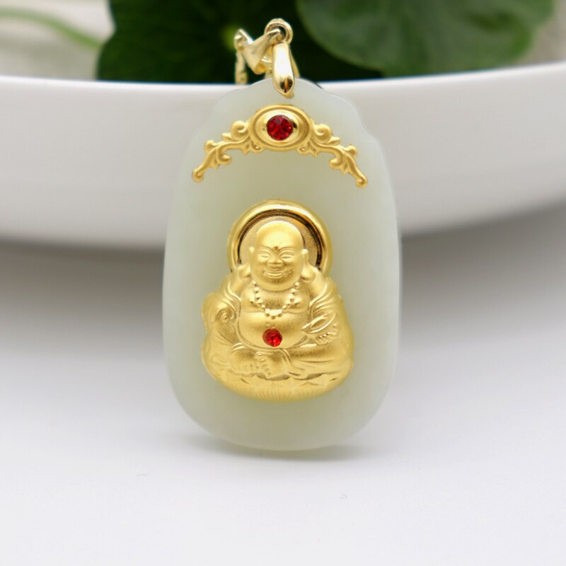Goede Lucky Hetian Jades Hangers Goud Gesneden Smiley Gezicht Maitreya Budd Boeddhistische Ingelegd Rhinestone Mannen Vrouwen Amulet Ketting: Default Title