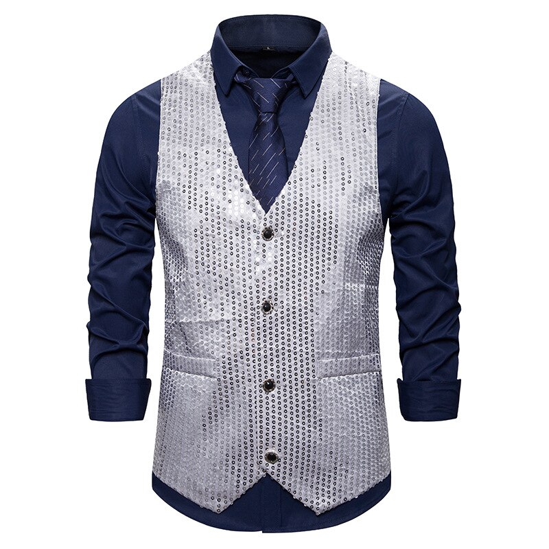 Herenkleding herfst toevallige enkele breasted straight vest jeugd stage kostuums kleine pailletten als zanger MC vest: silver / XXL