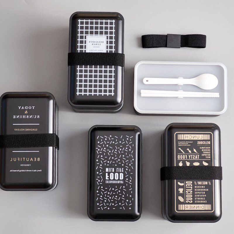 Double lunch box lunch box plastic breakfast dinner student food container black portable lunch box microwave heating 2000ml