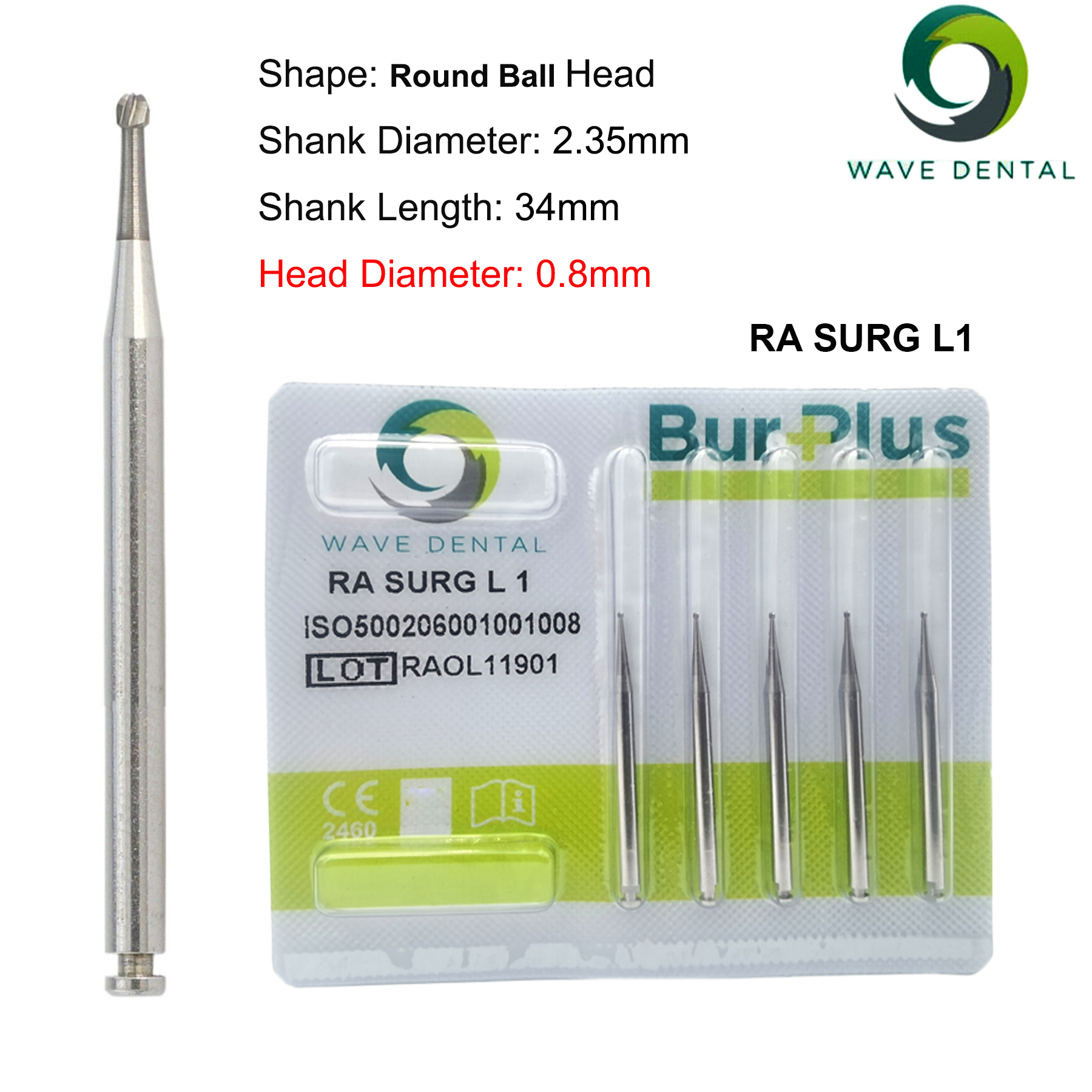 Fresas de carburo de tungsteno Dental WAVE, taladro Dental de cabeza redonda, fresas de implante RA SURG para pieza de mano de baja velocidad, herramientas de dentista, 5 unids/pack: Gris