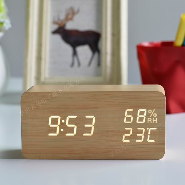 FiBiSonic Modern Simple LED Alarm Clock Temperature Humidity Show Clock Desktop Electronic Sound Control Digital Clocks Table De: bamboo with white