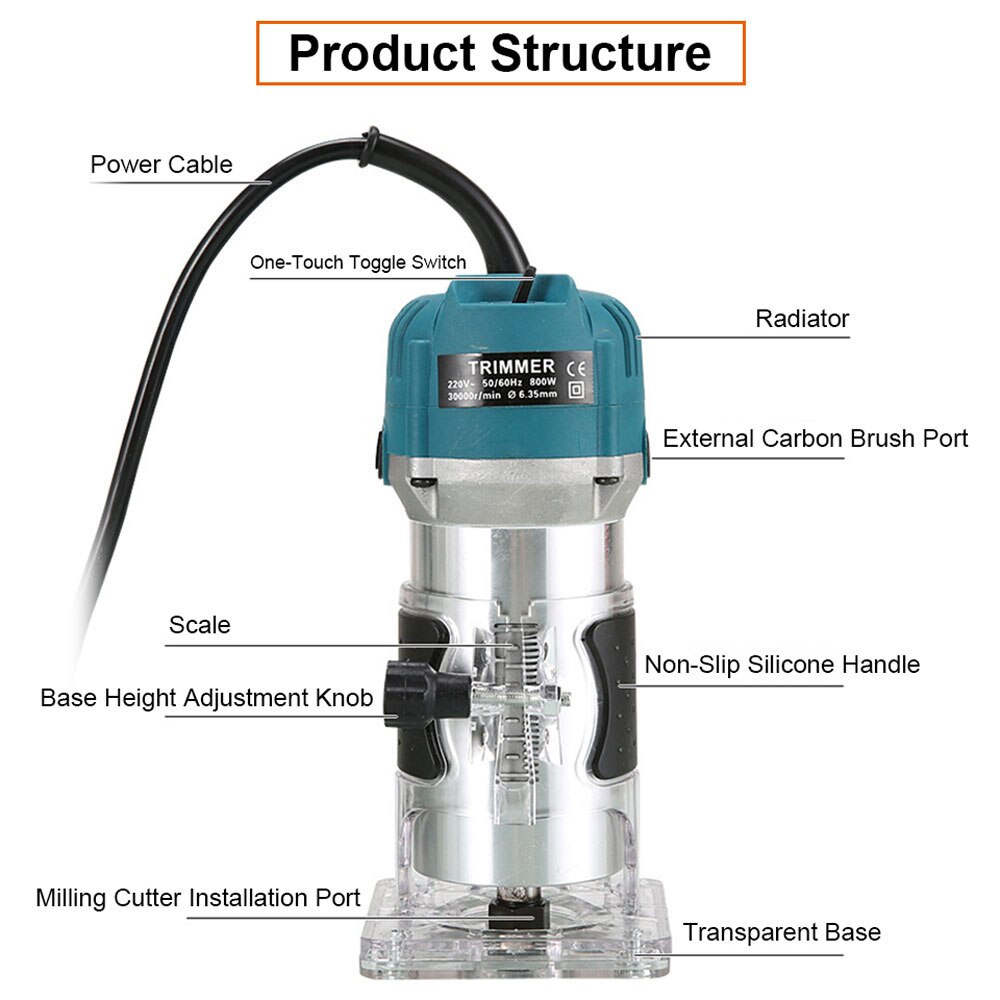 800W Woodworking Electric Trimmer Wood Milling Engraving Slotting Trimming Machine Carving Machine DIY Router Wood