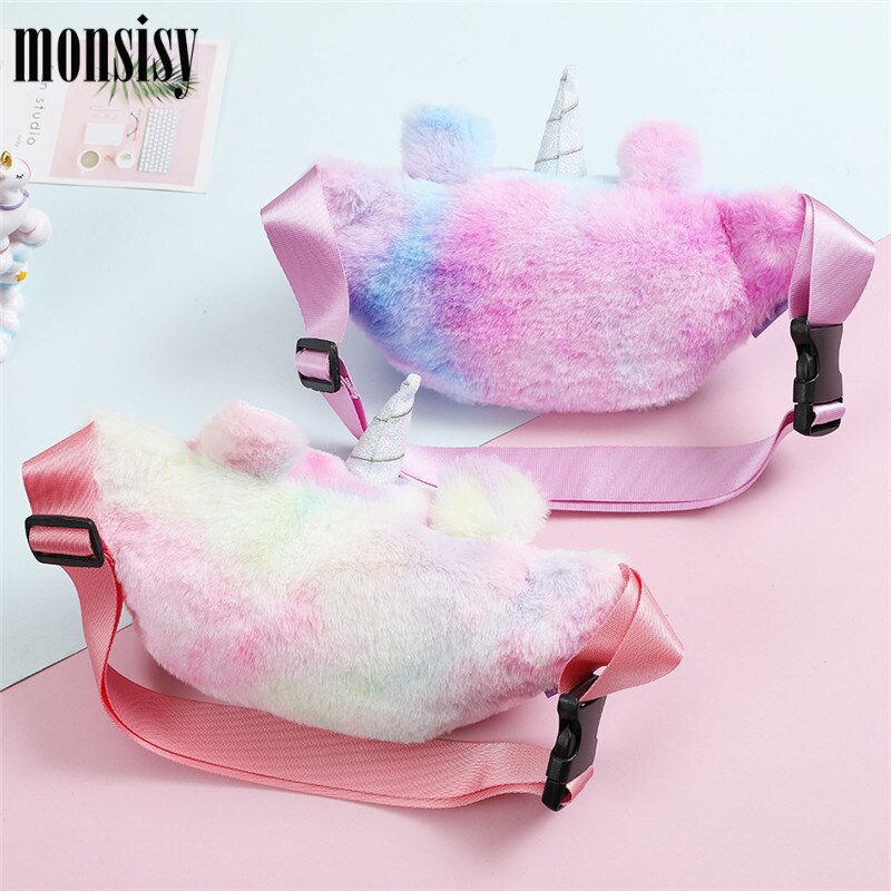 Monsisy Children Belt Bag For Girl Unicorn Fanny Pack Kid Waist Bag Winter Faux Fur Travel Phone Chest Bag Wallet Christmas