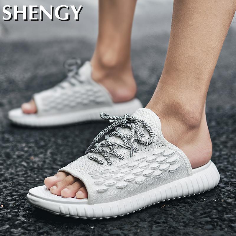 Herr sandaler snörning mesh öppen tå sandaler herr andas mjuka plattform tofflor herr sommar utomhus manligt märke