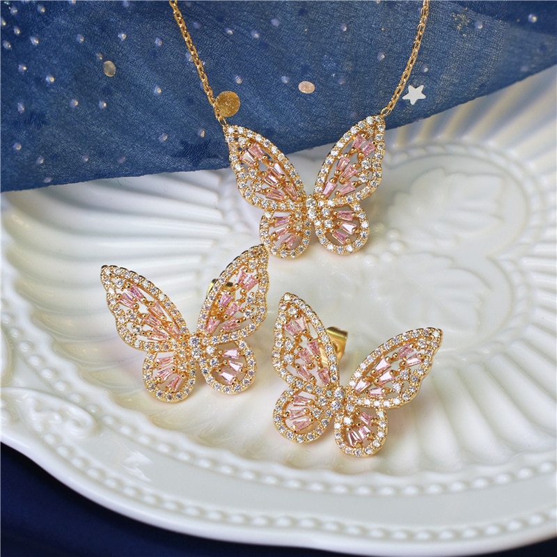 14K Real Conjunto de joyas de oro mariposa collares para las mujeres de lujo de circón cúbico CZ Stud pendientes