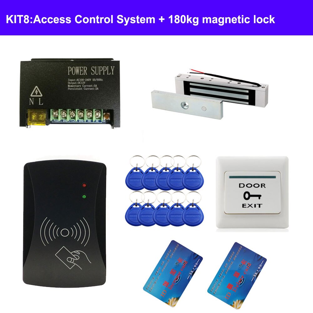 completed door access control system kit power supply+electric lock+exit button+10pcs ID key cards 2000 users IR remote switch: KIT8