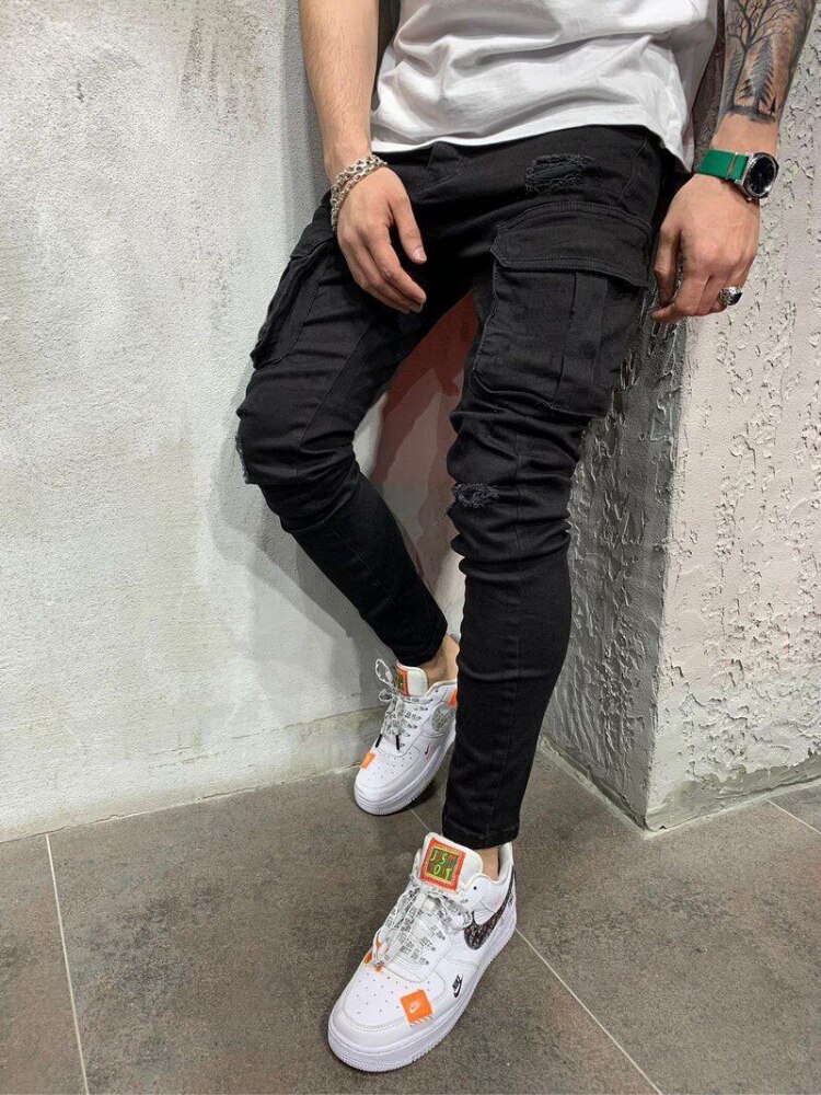 MAN British Style Fastener Overalls Street Suspender Pants Hip Hop Work Clothes Men's Ripped Gallus Suspender Pencil Jeans