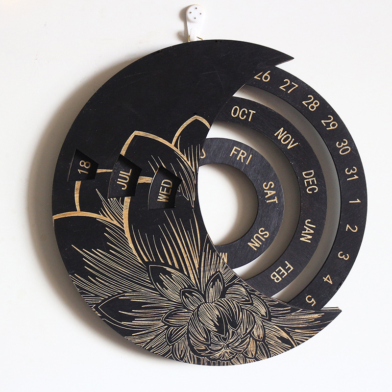 Home Decoration Retro Wooden Wall Calendar Decoration Year Calendar Moon Noric Rotatable Circular DIY Hand-Carved Calendar