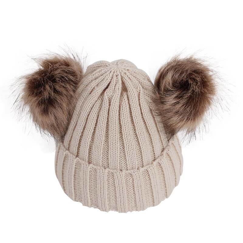 Winter Hüte Ohren Mädchen Jungen Deckel + Schal 2Stck freundlicher einstellen Baby warm Halten freundlicher betroffen Wolle Pelz Doppel Hütte Gestrickte Nette Kappe Schal einstellen: Beige Hut