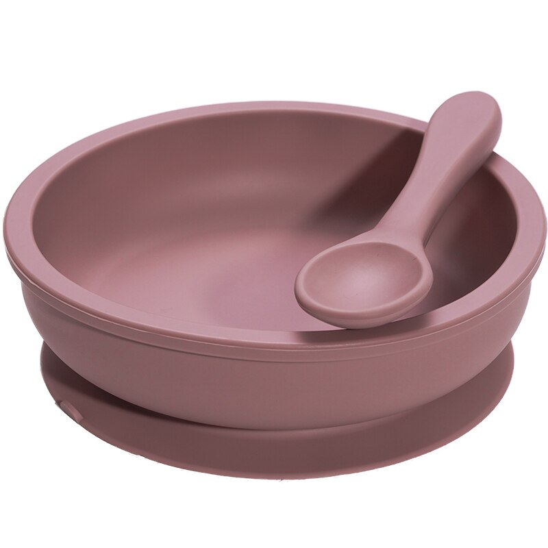 Bpa-vrij effen baby siliconen serviesset peuterveiligheidszuiger silicagel kom bord en lepel kinderkeukengereedschap: 001- poederroosjes