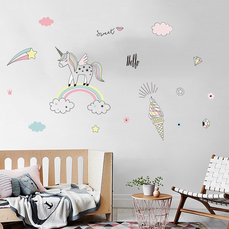 Cartoon Regenboog Eenhoorn Muursticker Voor Nursery Kinderkamer Achtergrond Decoratie Muurstickers Muurschilderingen Decals Behang