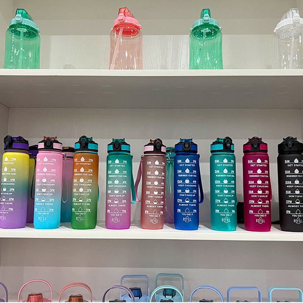 1L Große Kapazität Wasser Flasche Stroh Tasse Kunststoff Wasser Tasse Zeit Skala Matt Outdoor Sport Student Paar Tasse Wasser Flaschen
