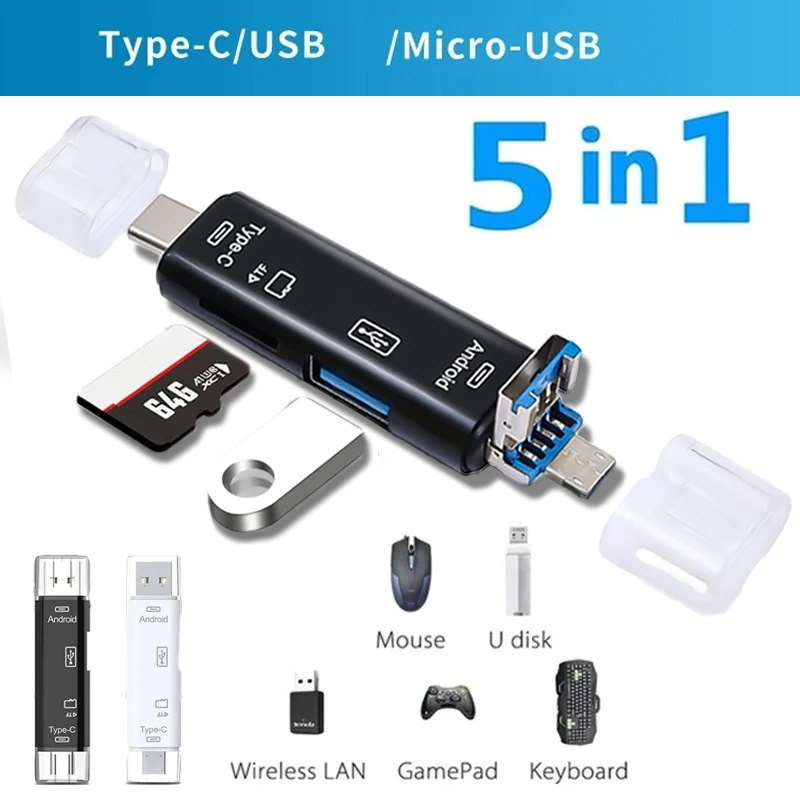 5 In 1 Multifunction Usb 2.0 Type C/Usb /Micro Usb/Tf/SD Memory Card Reader OTG Card Reader Adapter Mobile Phone Accessories