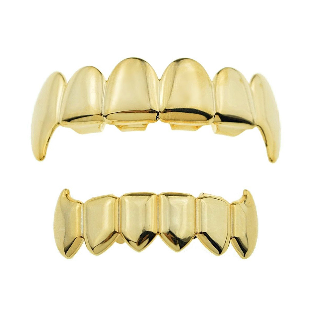 RACHELZ Hip Hop colmillos negros Diente Grillz 14K chapado en oro 6/6 tapas de dientes decoración parrillas dentales para hombres mujeres joyería de Halloween: Rodio plateado