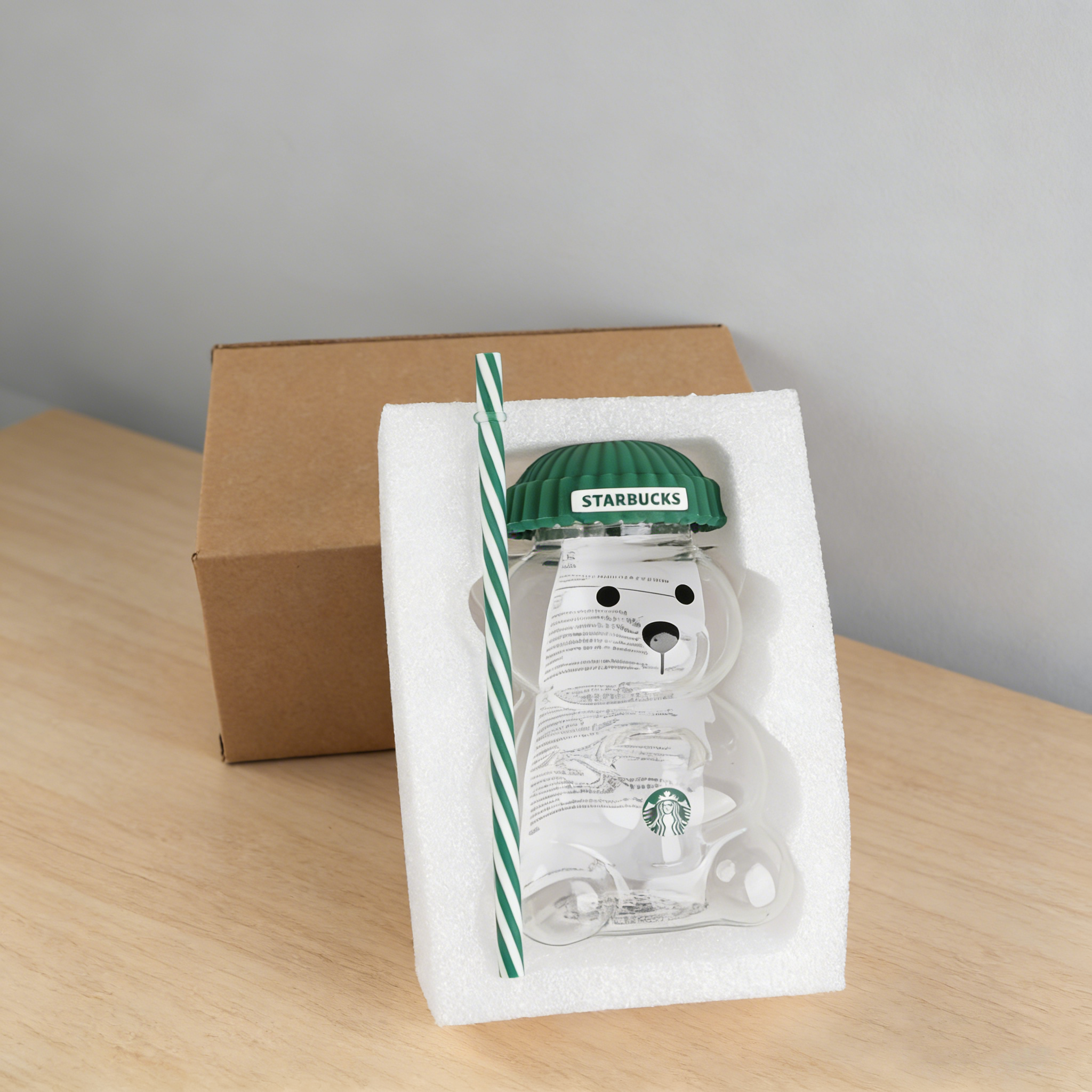 Starbucks Bearista Bären-Glasbecher 591ml Grüner Deckel Strohhalm Café Zuhause