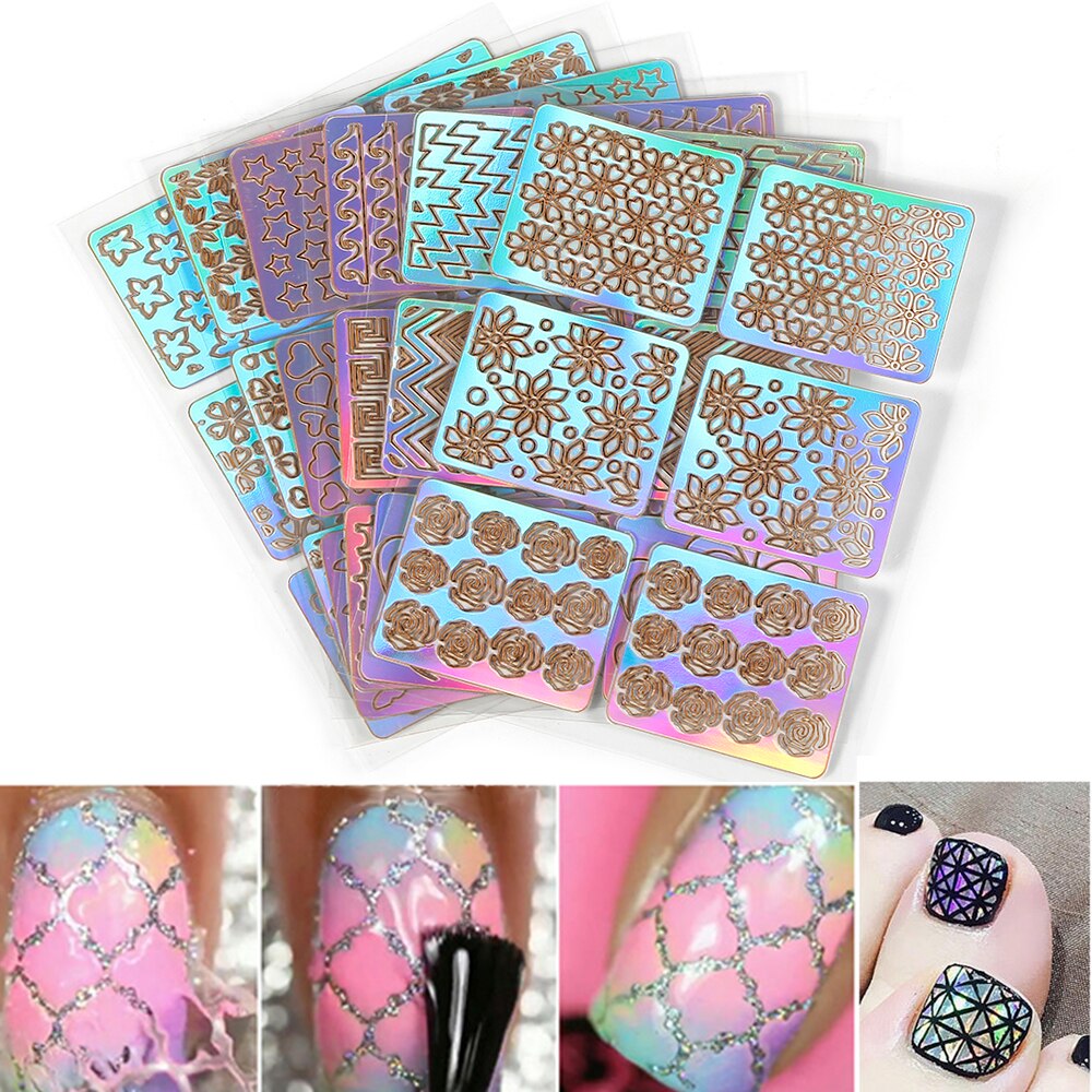 ELECOOL 6 stks Kleurrijke Gemengde 3D Nail Art Hollow Stickers Stencil Tip Template PVC Manicure Decals Decoratie