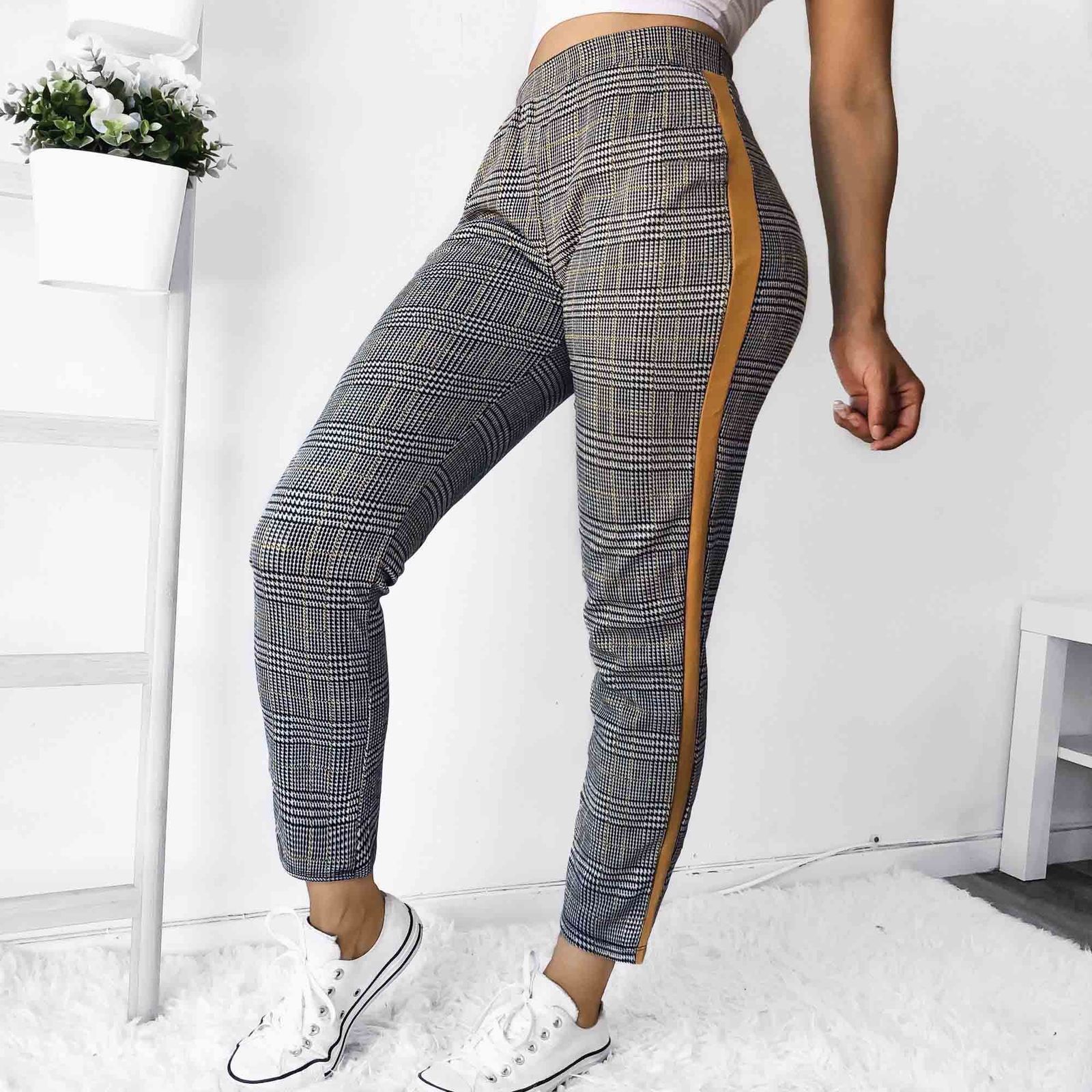 Frauen Lange Hosen Hohe Taille Plaid Hosen strecken Denim Seitlichem Streifen Sport lässig Damen Lange Regelmäßige Gerade Hosen