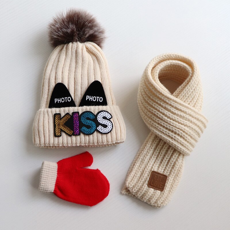 Conjunto de tres piezas de guantes para sombrero y bufanda para niños y niñas, en otoño e invierno, precioso gorro de lana tejido y bufandas cálidas