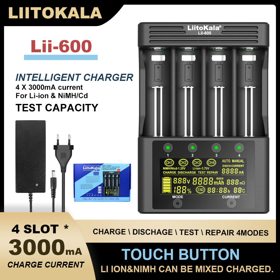 LiitoKala lii600 M4S LCD-batterijlader voor Li-ion 3,7 V en NiMH 1,2 V batterij Geschikt voor 18650 26650 21700 26700 18350 AA AAA
