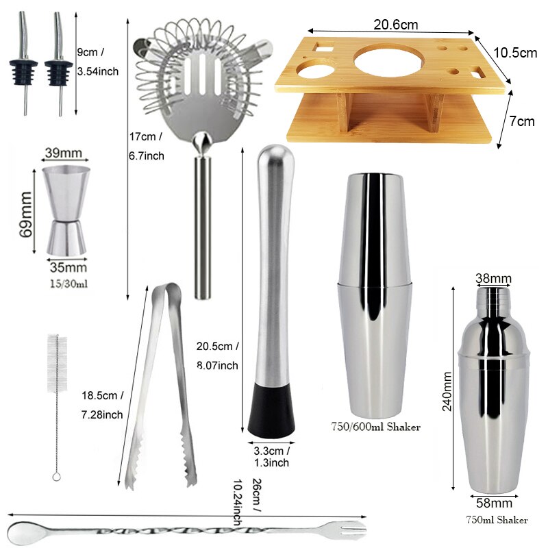 9 Bar Set, Stainless Steel Cocktail Shaker Bar Tools with Stylish Wood Stand