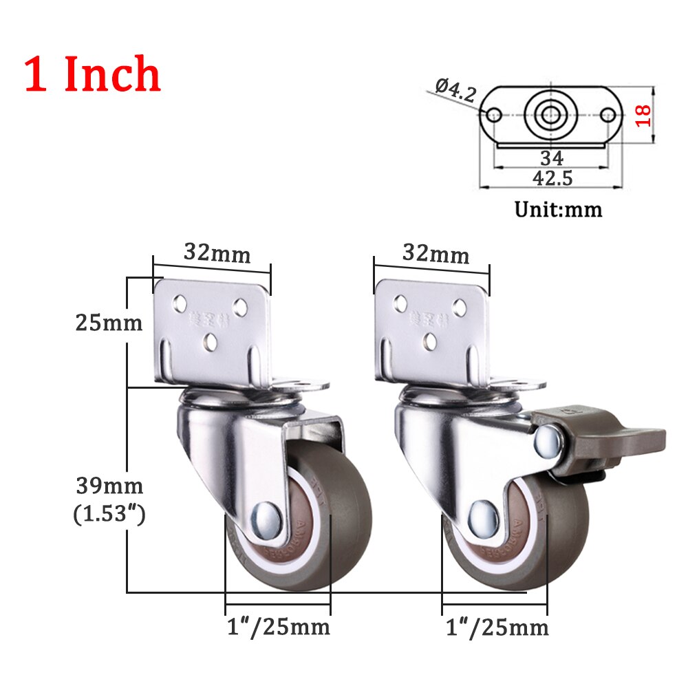1/4PCS Furniture Swivel Casters Wheels Crib Rubber Rollers Wheel L-Bracket Caster With Brake No Noise For Crib Bookcase Cabinet