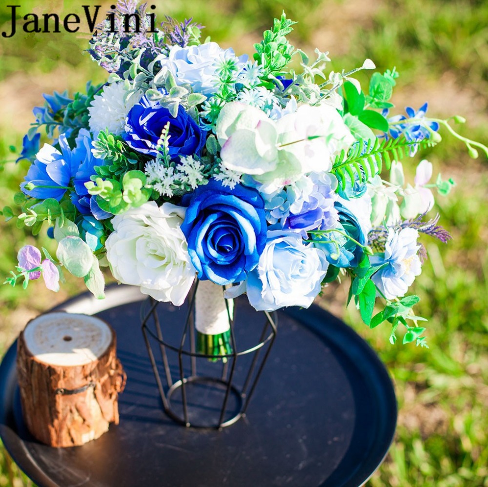 JaneVini Royal Blue Bride Bouquet Artificial Rose Wedding Flowers Bridal Bouquets Bridesmaid Photography Brooch Flores Boda