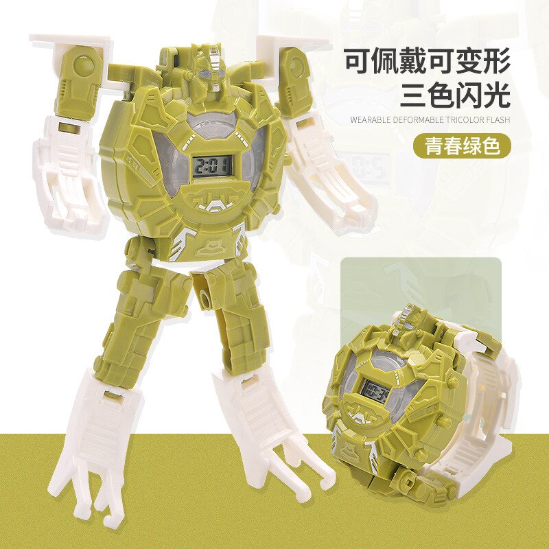 Children Transformation Electronic Watch Jingang Toy Dinosaur Turning Robot Iron and Steel Shining Transformation Watch: Shining Robot Watch Green