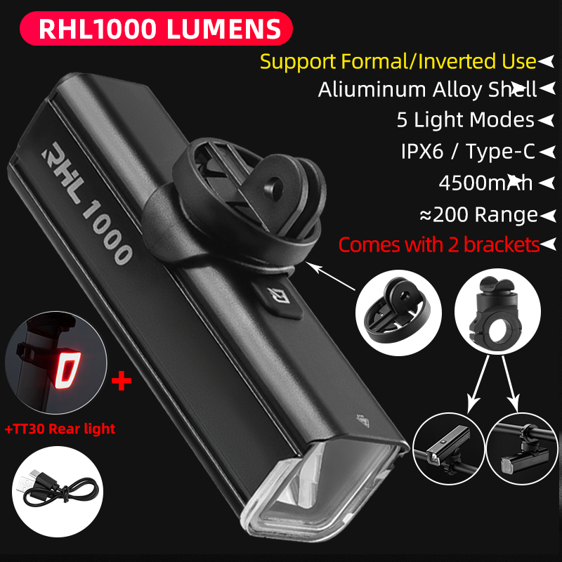 ROCKBROS Bicycle Light 1000LMType-C Charging Waterproof Bike Light Front Lamp Rechargeable Cycling Headlight Aluminum Flashlight: WHITE