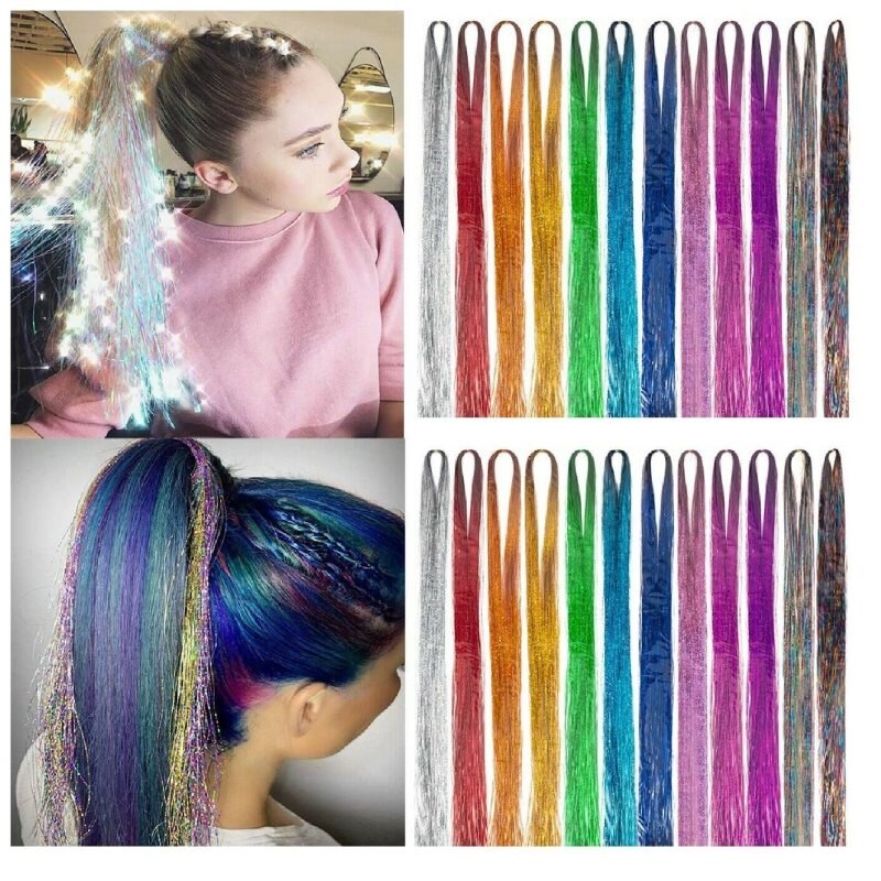 Extensions de cheveux scintillants holographiques pour femme, 200 mèches, 90cm, style Hippie