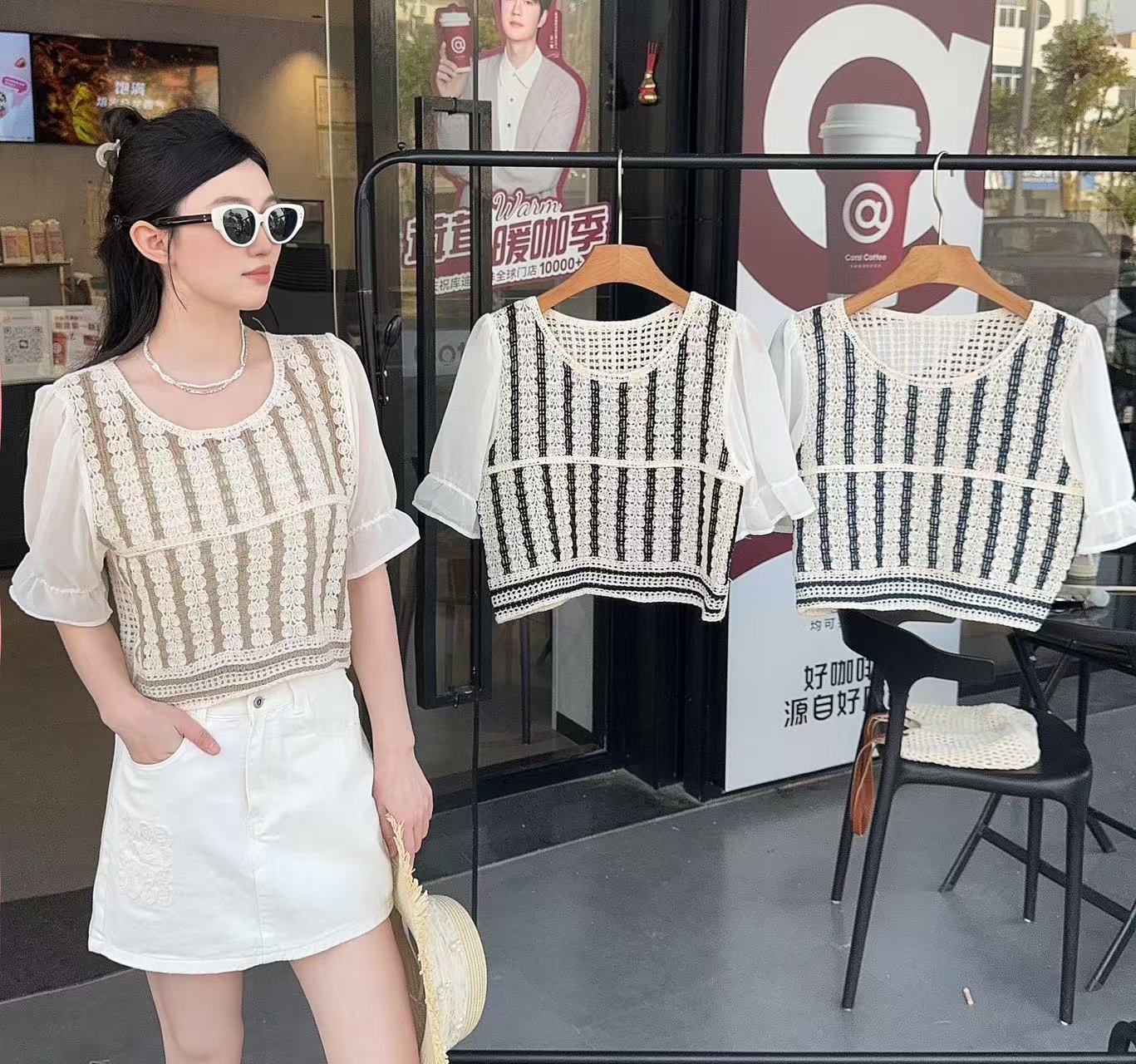 Heklet topp for kvinner chiffong halvermet broderi åpen strikket bluse topper sommer bohemsk chic strandantrekk