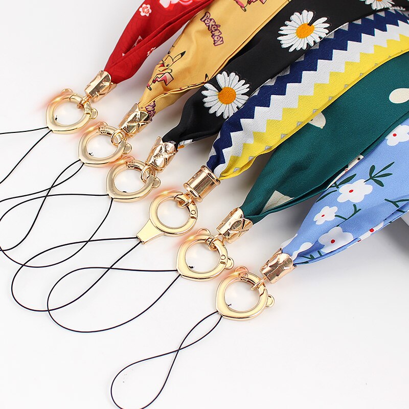 Moda feminina lenço de seda telefone cordão do telefone móvel pescoço cinta temperamento tecido fresco cordão para chaves chaveiro cinta