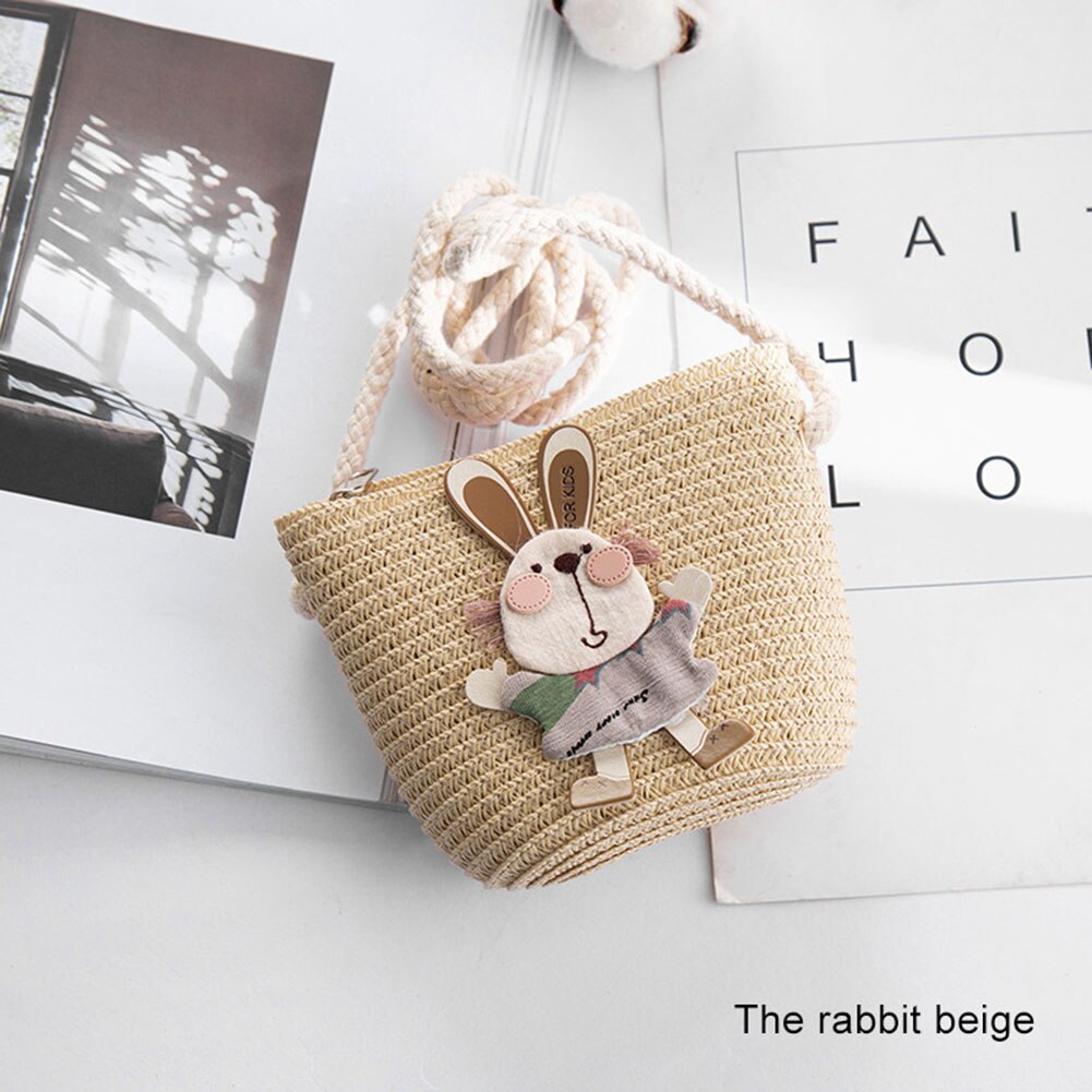 Girls Mini Handbag Handmade Straw Tote Large Capacity Summer Beach Shoulder Bag Party Shopping Best -WT: beige rabbit