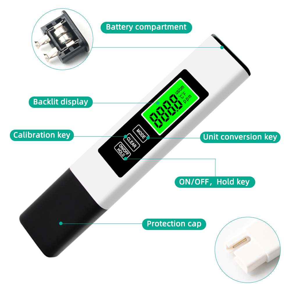 digital Vann tester 4 i 1 - TDS Måler 0-9990 PPM - Bakgrunnsbelyst LCD til Bassenger, Drikkevann, Akvarier
