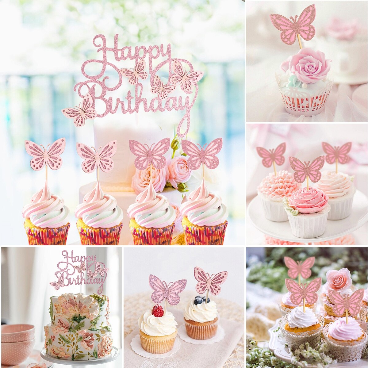 Pink lilla sommerfugl kage topper tillykke med fødselsdagen fest indretning baby shower pige bryllup brud dessert kage indretning cupcake flag