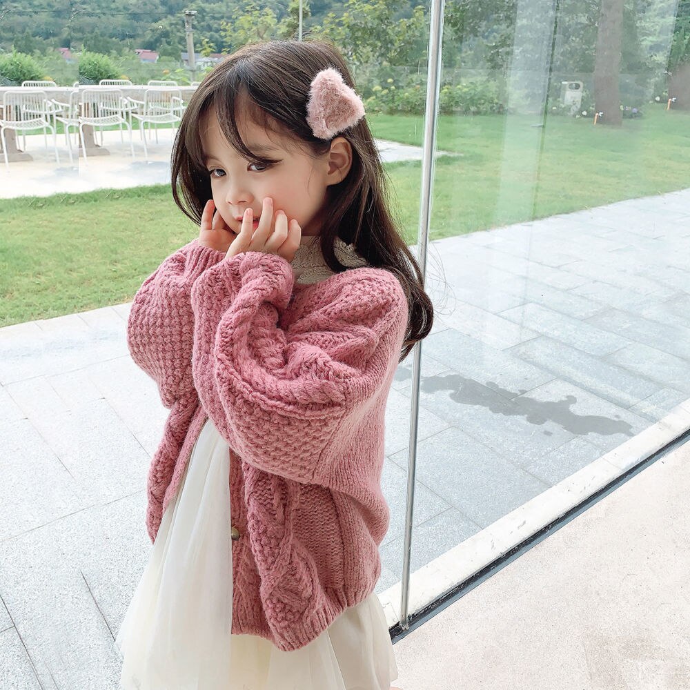 Sweter dziewczęcy jesień dzieci koreański swetry z dzianiny dziewczynka dziecko grube przeszycie sweter śliczny miękki outwear odzież płaszcze z dzianiny: Różowy / 4 t