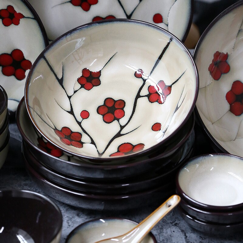 Korean Day Boutique Ceramic Tableware Hand-painted Plate Bowl Pastoral Style Red Round Underglaze Series Noodle Bowl