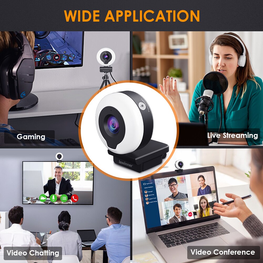 Lewinner 2K Webcam mit Ring Licht & Stativ & Mikrofon, USB Auto Fokus für PC Video Konferenz/Anruf/Lehre/Spielen