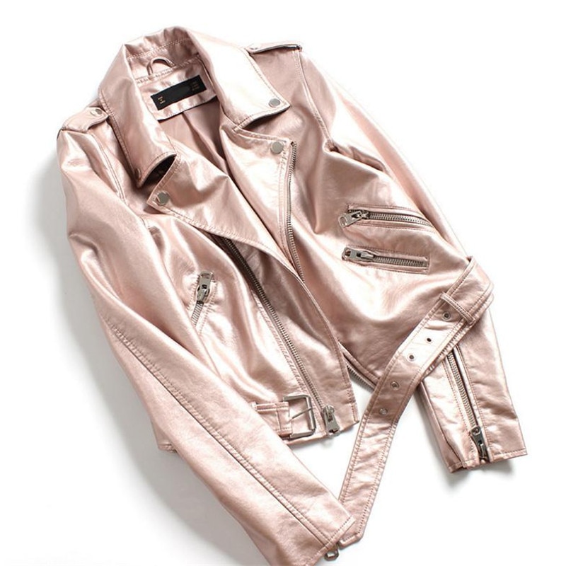 European Station Silver Female Pu Washing Machine Leather Jacket Coats Autumn Winter Belt Leather Jacket White Gold Color