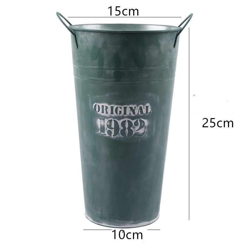 Retro White Flower Bucket Metal Flower Pot Floral Plants Iron Storage Container Garden Home Tabletop Decoration: dark green 15c x25cm
