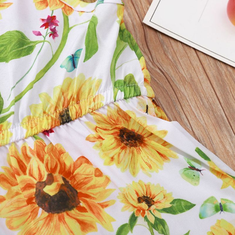 Peuter Meisjes Zomer Sling Ruches Rompertjes Mouwloze Zonnebloem Print Jumpsuit