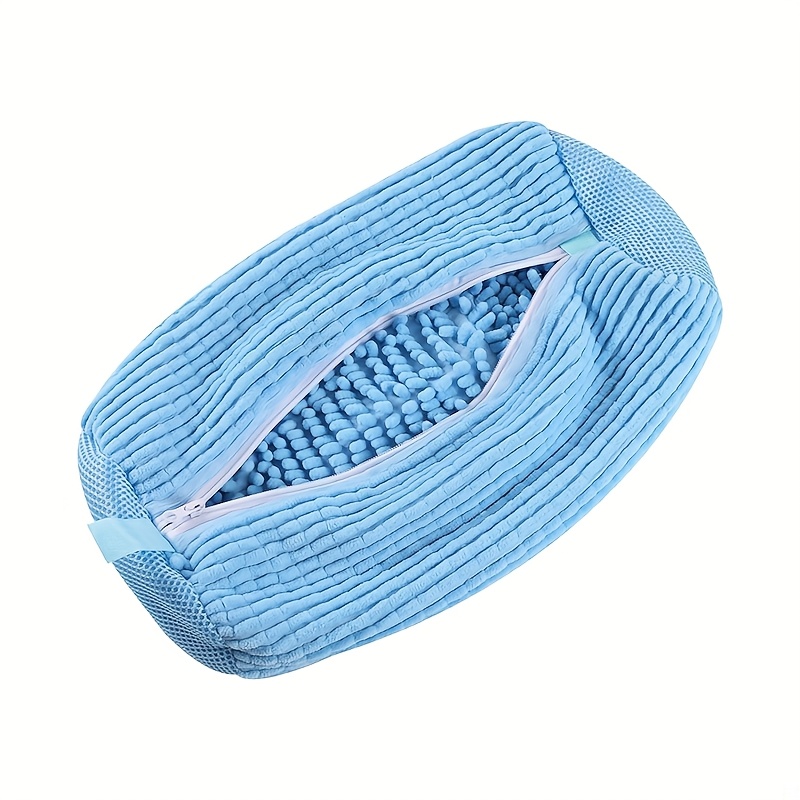 1pc Durable Shoe Washing Machine Bag for All Shoe Types - Yellow with Blue Zipper, Oval Protective Laundry Bag with Rich Fluff I: Blue