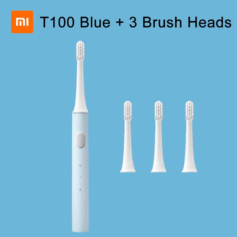 XIAOMI MIJIA Sonic Electric Toothbrush T100 IPX7 Waterproof Rechargeable Toothbrush Adult Ultrasonic Automatic Tooth Brush: Blue 3 brushes