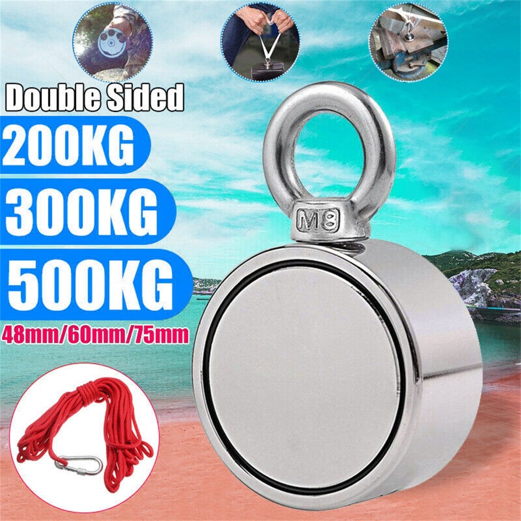 200/300/500KG Double côté néodyme aimant de pêche avec corde de récupération recherche détection récupération métal trésor Finder #10