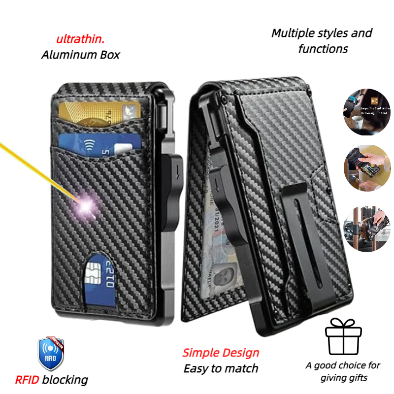 YATBEST Men's Card Bag Ultra-Thin With Wallet Metal Aluminum Box Credit Card Bag RFID Anti-Theft Brush Automatic Pop-Up Wallet