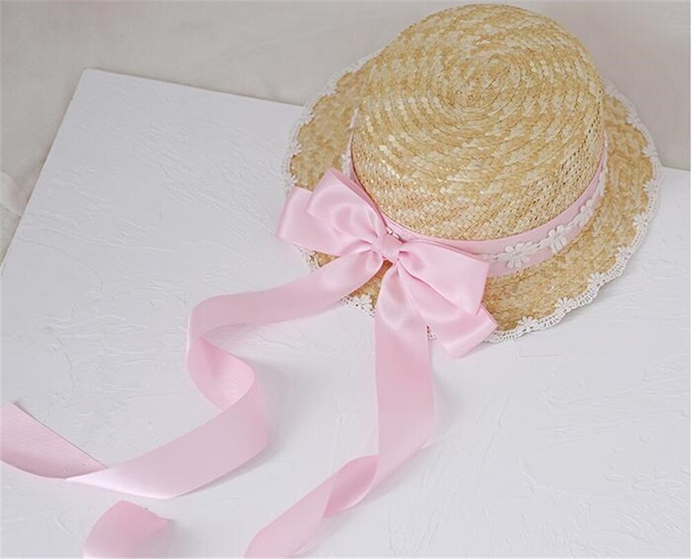Mori Girl Cute Big Bow Lace Ribbon Lolita Straw Hat Sweet Princess Lolita Flat Cap Beach Cap B1527: 5