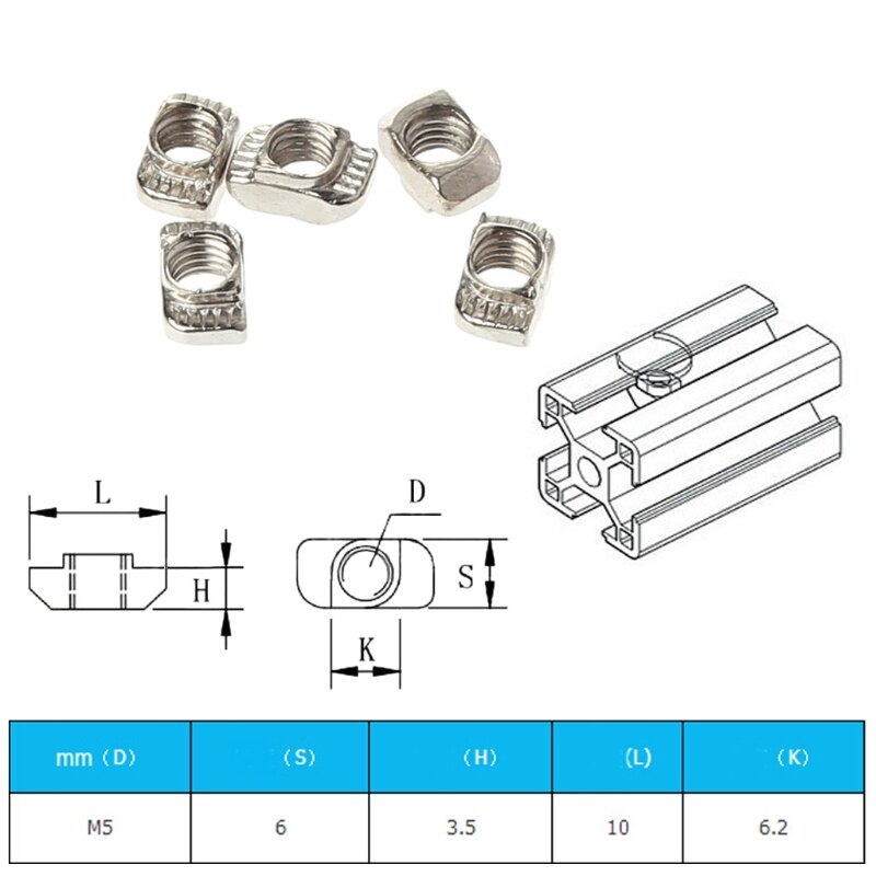 Conector de fijación de tuerca de martillo M5 T para impresora, 50 unids/set/juego, para perfil